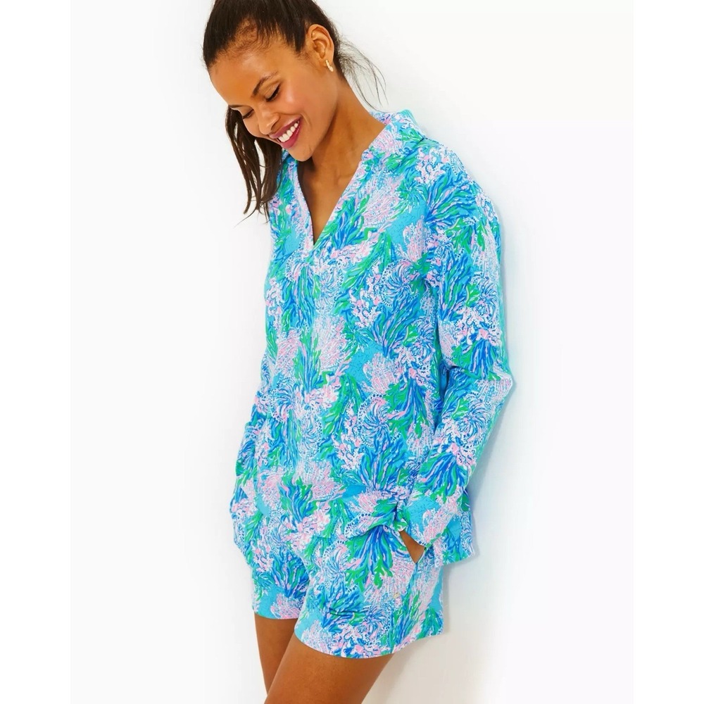 Lilly Pulitzer Tunic Top V Neck Collar Size XS Long Sleeve Blue Clanton Pullover